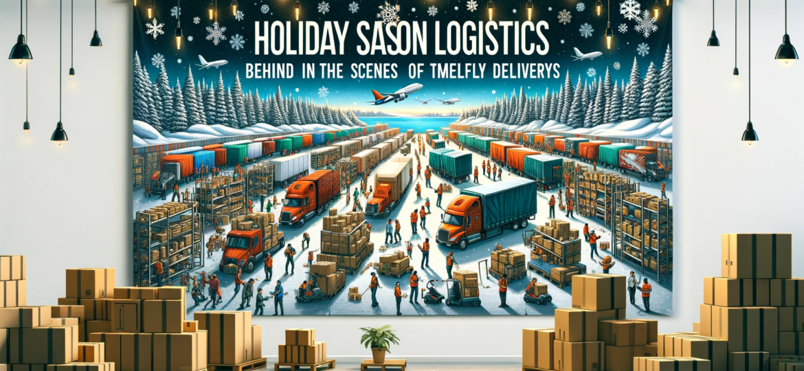 DALL·E 2023-12-16 01.32.43 - A banner for a blog titled 'Holiday Season Logistics_ Behind the Scenes of Timely Deliveries'. The banner features a bustling logistics center with wo